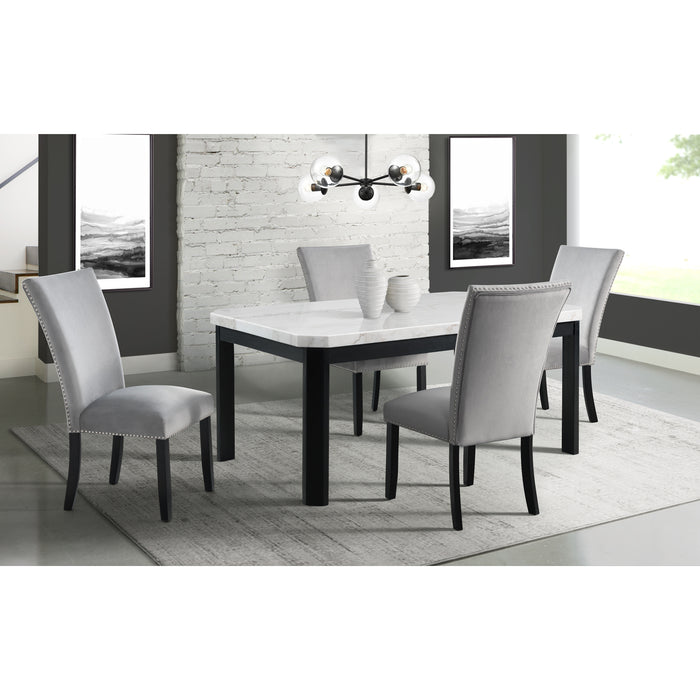 Francesca White Marble Rectangular 5PC Dining Set-Table & Four Grey Velvet Chairs