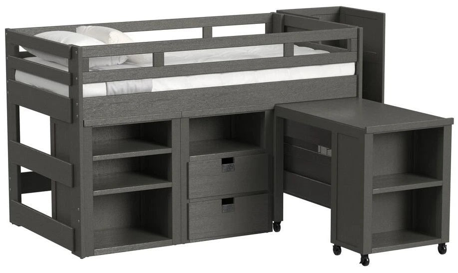 Elements International Cali Kids Full Junior Loft Bed with Staircase, Storage and Desk in Sleek Gray image