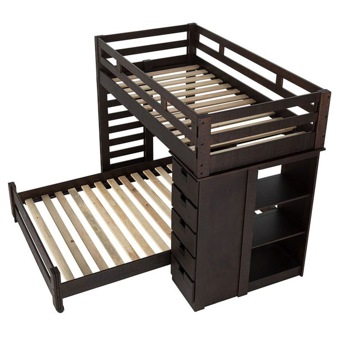 Elements International Vista Twin over Full Basic Loft Bed with Bookcase in Brown